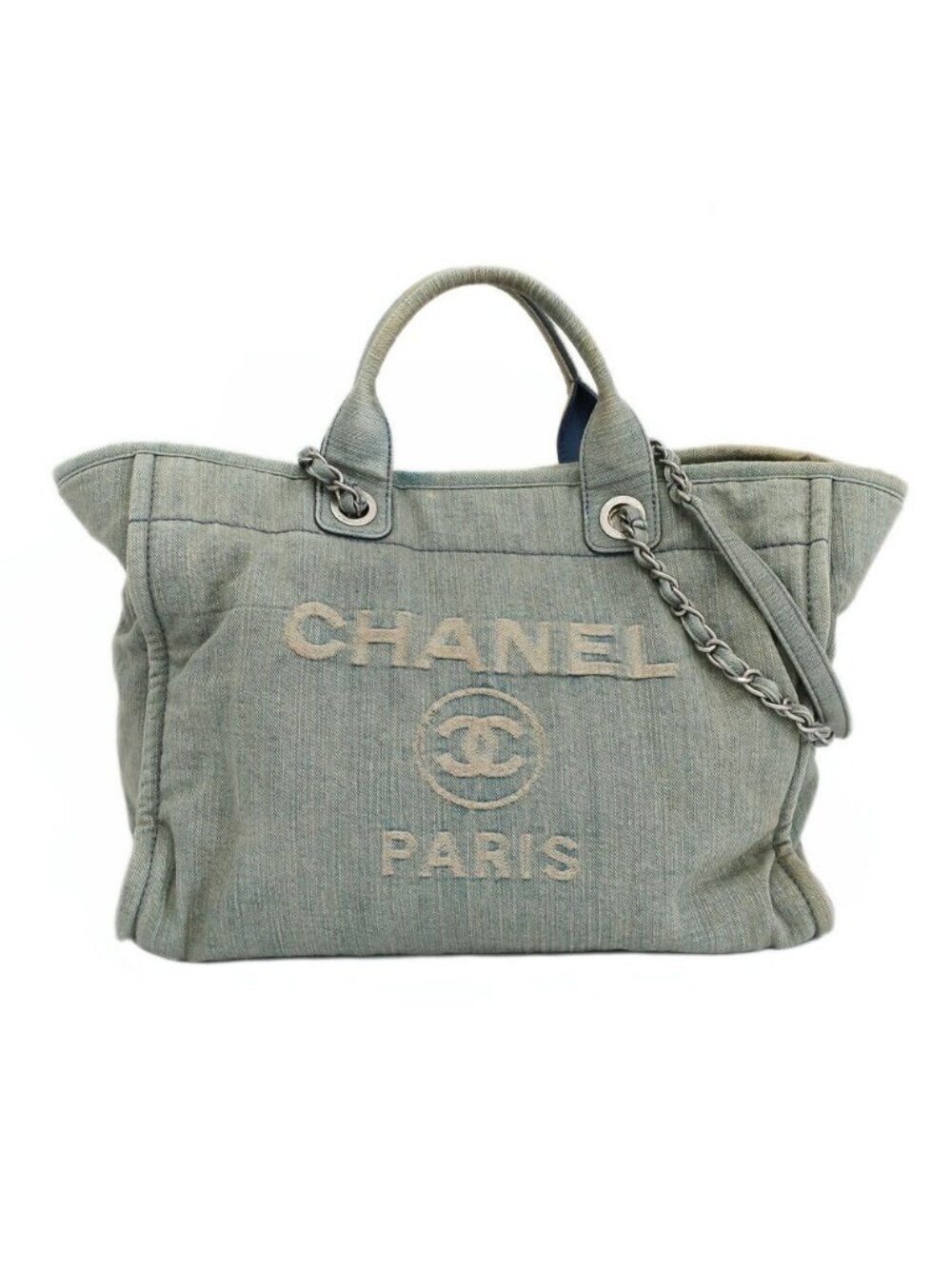 Chanel Ten Deauville Shopping Tote Bag 2-Way Denim Light Blue Silver
